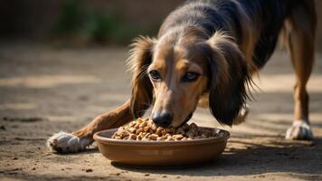 A dog eating from a bowl of kibble on the ground in a natural setting. photo