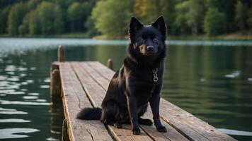 A black dog sitting on a wooden dock by a serene lake surrounded by trees. photo
