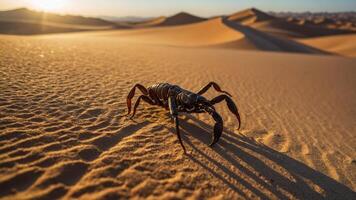 A scorpion on sandy dunes during sunset, showcasing desert wildlife and environment. photo