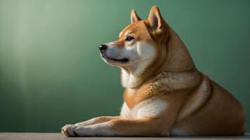 A serene Shiba Inu resting gracefully against a green backdrop. photo