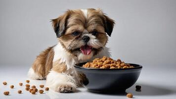 A playful dog enjoying its meal from a bowl, surrounded by scattered kibble. photo