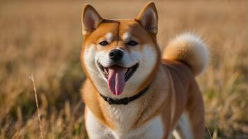 A cheerful Shiba Inu dog stands in a grassy field, showcasing its playful demeanor. photo
