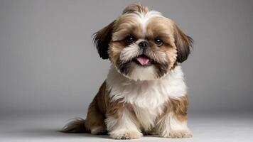 A cute Shih Tzu dog with a playful expression sitting against a neutral background. photo