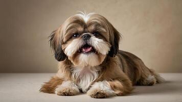 A cute Shih Tzu dog lying down with a playful expression. photo
