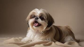 A Shih Tzu dog lying on a soft surface, looking happy and relaxed. photo