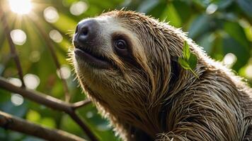 A close-up of a sloth amidst green foliage, capturing its serene expression in natural light. photo
