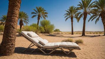 A sun lounger rests on sandy ground, surrounded by palm trees in a tranquil desert setting. photo