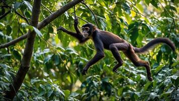 A monkey gracefully swings between branches in a lush green forest. photo