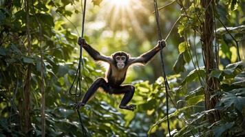 A monkey swinging through lush greenery, illuminated by sunlight. photo