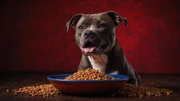 A dog sitting beside a bowl of kibble on a wooden surface with a red background. photo