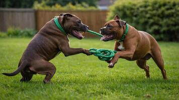 Two playful dogs tugging on a rope in a grassy yard. photo