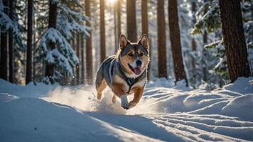A playful dog runs through a snowy forest, capturing a joyful winter moment. photo