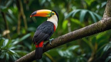 A colorful toucan perched on a branch amidst lush greenery. photo
