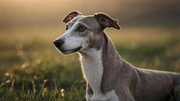 A close-up of a greyhound dog resting in a grassy field during golden hour. photo