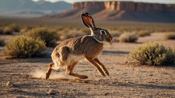 A rabbit running across a desert landscape with mountains in the background. photo
