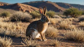 A rabbit sits in a dry landscape with sparse vegetation and distant mountains. photo