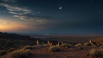 A serene landscape at dusk with coyotes observing the horizon under a crescent moon. photo