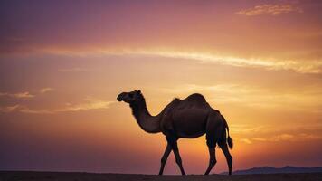 A silhouette of a camel walking against a vibrant sunset backdrop. photo