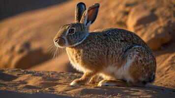A rabbit sits on a sandy surface, illuminated by warm sunlight in a natural setting. photo
