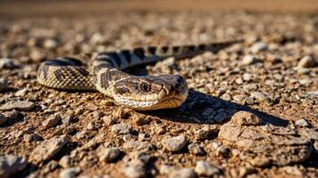 A close-up of a coiled snake resting on a gravel surface in natural surroundings. photo