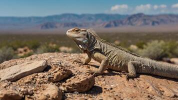 A lizard basking on a rocky surface with mountains in the background. photo
