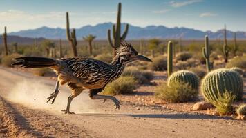 A roadrunner running along a desert road with cacti and mountains in the background. photo