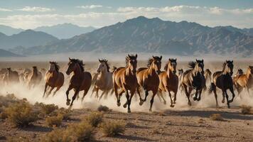 A herd of horses galloping across a dusty landscape with mountains in the background. photo