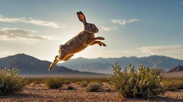 A rabbit leaps gracefully across a desert landscape with mountains in the background. photo