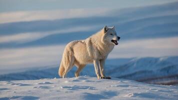 A majestic wolf standing on a snowy landscape under a clear sky. photo