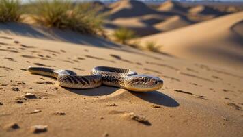 A snake resting on sand dunes in a desert landscape. photo