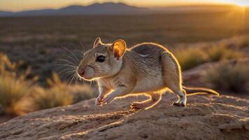 A small rodent leaps across a rocky surface during sunset in a desert landscape. photo