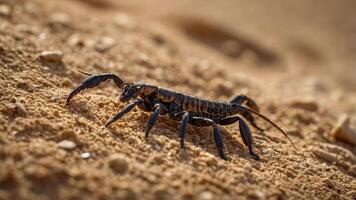 A scorpion crawling on sandy terrain in a desert environment. photo