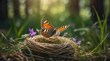 A butterfly perched on a nest surrounded by flowers in a serene forest setting. photo