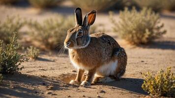 A rabbit sitting on sandy ground surrounded by sparse vegetation in a natural setting. photo