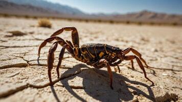 A close-up of a scorpion on cracked desert ground under a clear blue sky. photo