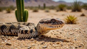 A close-up of a snake resting on sandy ground, surrounded by desert vegetation. photo