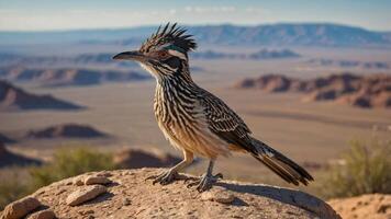 A roadrunner perched on a rock with a desert landscape in the background. photo