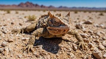 A close-up of a spiky lizard on a rocky desert terrain under a clear blue sky. photo