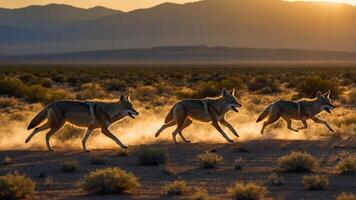 Three coyotes running through a desert landscape at sunset, creating a dynamic scene. photo