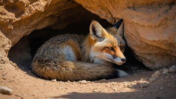 A fox resting in a rocky den, showcasing its natural habitat and behavior. photo