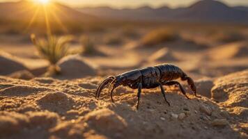 A scorpion walks across sandy terrain at sunset, showcasing its natural habitat. photo