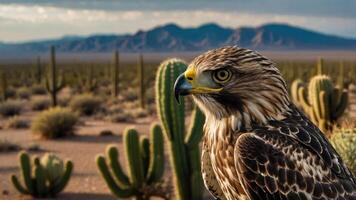 A close-up of a hawk in a desert landscape with cacti and mountains in the background. photo