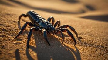 A close-up of a scorpion on sandy terrain, showcasing its intricate features. photo