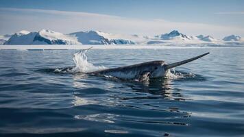A narwhal swims in icy waters with mountains in the background. photo