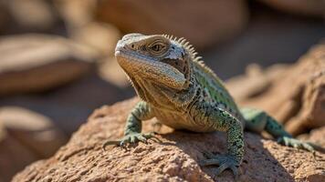 A close-up of a lizard resting on a rock in a natural environment. photo