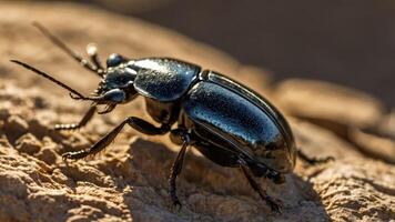 A close-up view of a shiny black beetle on a rocky surface. photo