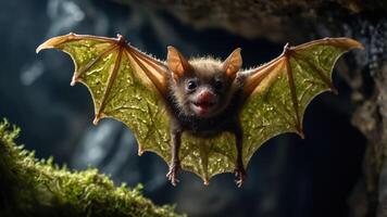 A close-up of a bat with green wings, hanging in a cave environment. photo