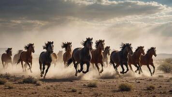 A herd of wild horses galloping through a dusty landscape under a dramatic sky. photo