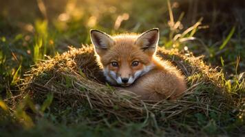 A young fox resting in a nest of grass, illuminated by soft sunlight. photo