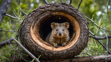 A quokka peeks out from a hollow tree trunk in a natural setting. photo